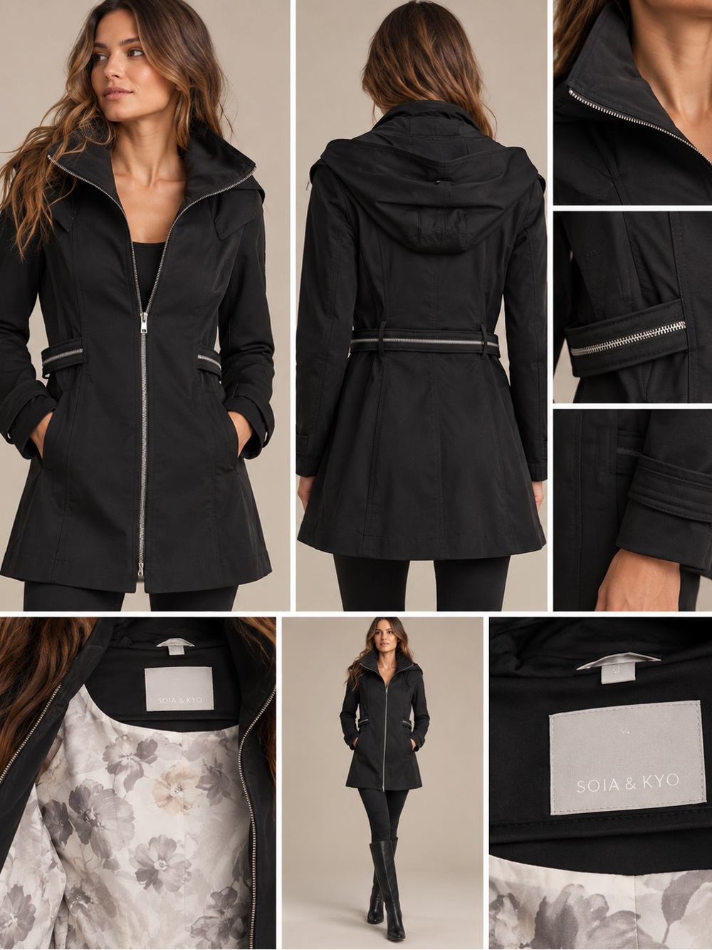 Soia & Kyo Black Hooded Trench Coat with Floral Lining